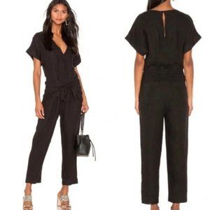 JOIE Black Linen Short Sleeve Jumpsuit V Neck Tied Waist Size XS